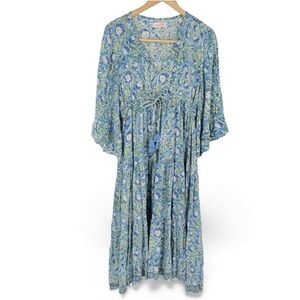 Mary Marshmallow Blue and Green Floral Patterned Flowy Sleeve‎ Maxi Dress